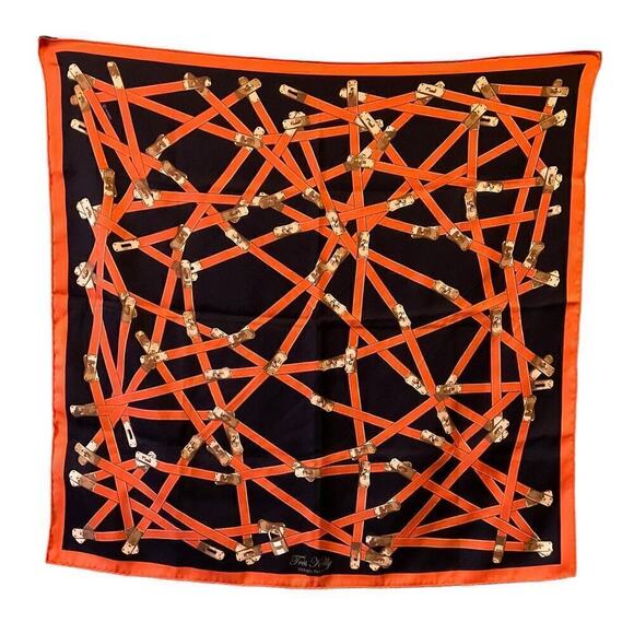 Hermès Silk Scarf Très Kelly Handbag Turnlock Motif Black Orange 70cm 26” - Picture 2 of 13